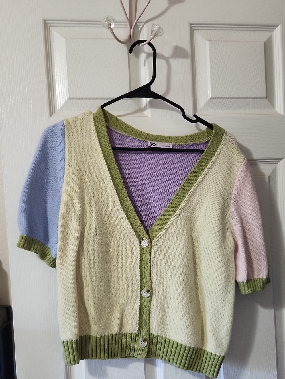 SO Short-Sleeve Pastel V-Neck Cardigan Sweater